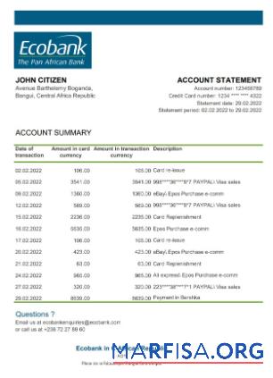 Realistic Central African Republic Ecobank bank statement excel real example